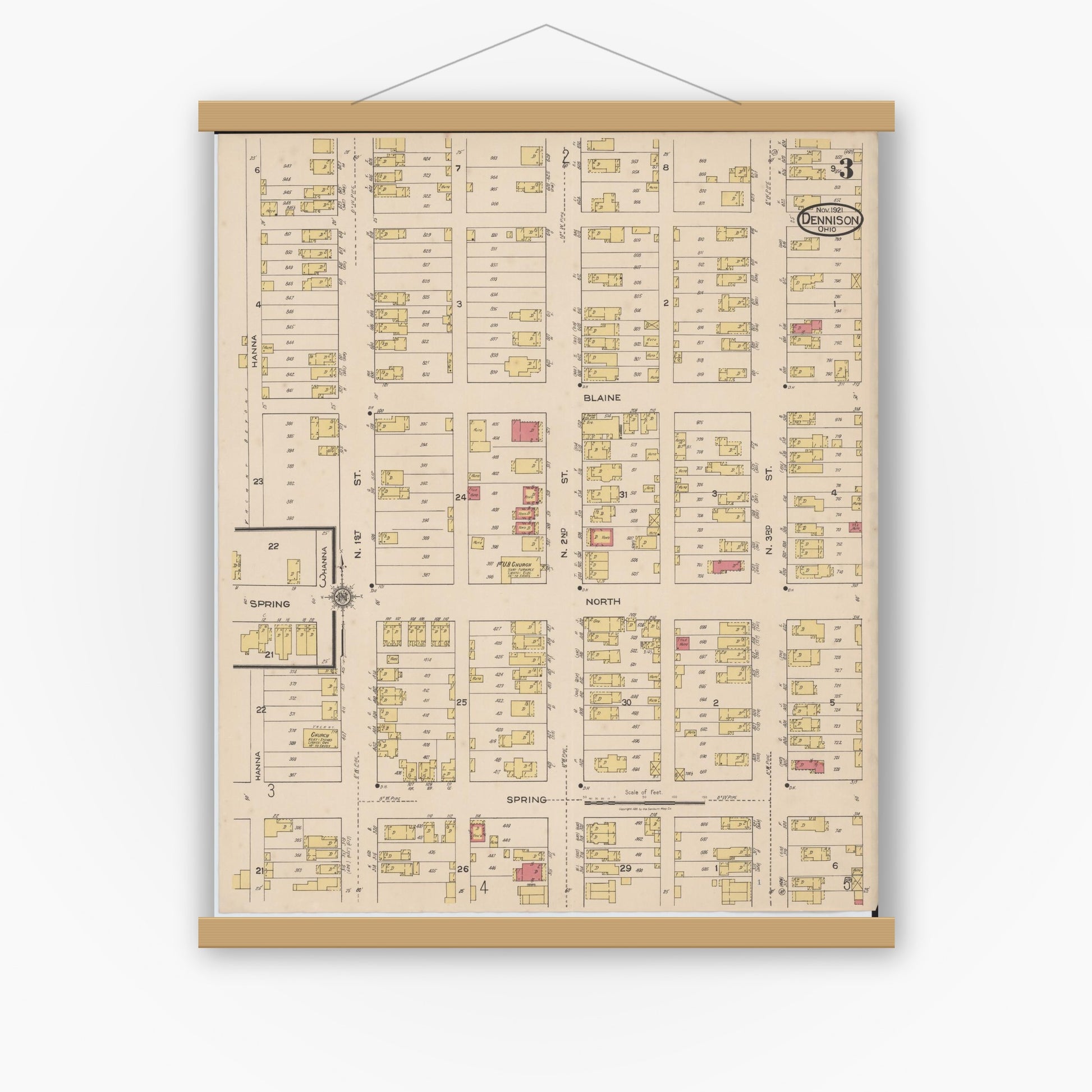 Old map wall art mockup — magnetic wood frame on white wall — Sanborn Fire Insurance Map from Dennison, Tuscarawas County, Ohio (1921), Sheet #0003