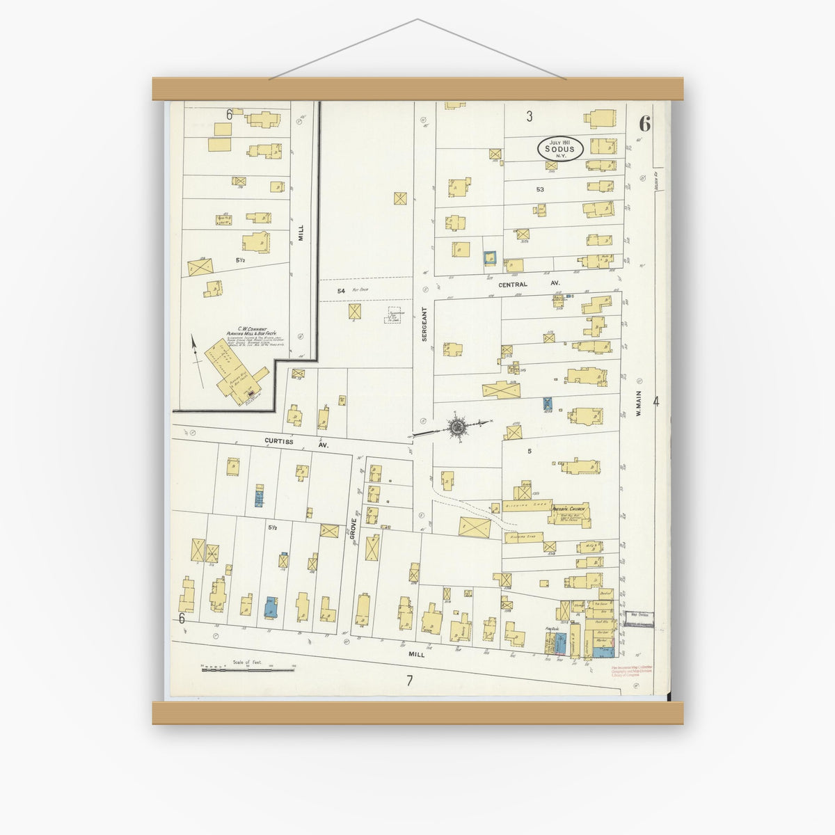 Old map wall art mockup — magnetic wood frame on white wall — Sanborn Fire Insurance Map from Sodus, Wayne County, New York (1911), Sheet #0006