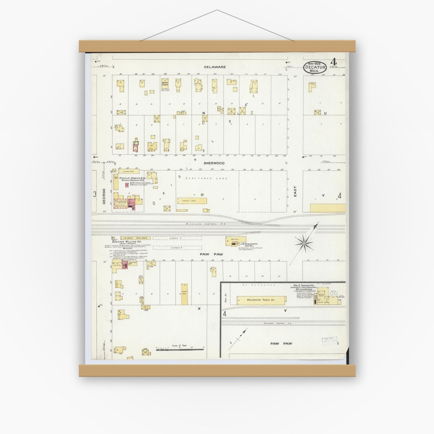 Old map wall art mockup — magnetic wood frame on white wall — Sanborn Fire Insurance Map from Decatur, Van Buren County, Michigan (1908), Sheet #0004