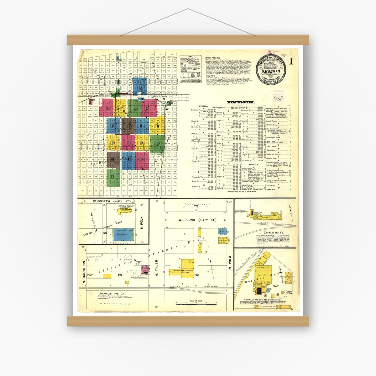 Old map wall art mockup — magnetic wood frame on white wall — Sanborn Fire Insurance Map from Amarillo, Potter County, Texas (1908), Sheet #0001