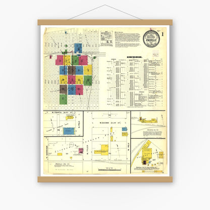 Old map wall art mockup — magnetic wood frame on white wall — Sanborn Fire Insurance Map from Amarillo, Potter County, Texas (1908), Sheet #0001