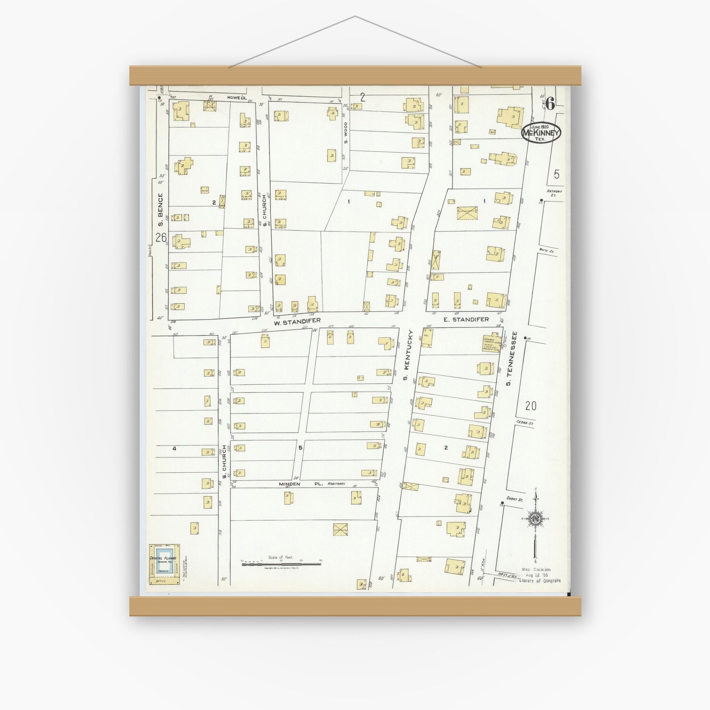 Old map wall art mockup — magnetic wood frame on white wall — Sanborn Fire Insurance Map from McKinney, Collin County, Texas (1920), Sheet #0006