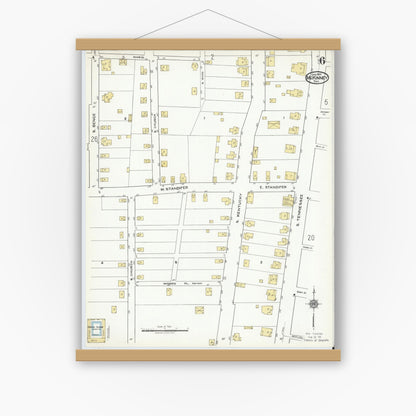 Old map wall art mockup — magnetic wood frame on white wall — Sanborn Fire Insurance Map from McKinney, Collin County, Texas (1920), Sheet #0006
