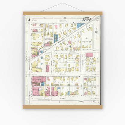 Old map wall art mockup — magnetic wood frame on white wall — Sanborn Fire Insurance Map from Fostoria, Seneca, Hancock, And Wood Counties, Ohio (1924), Sheet #0004