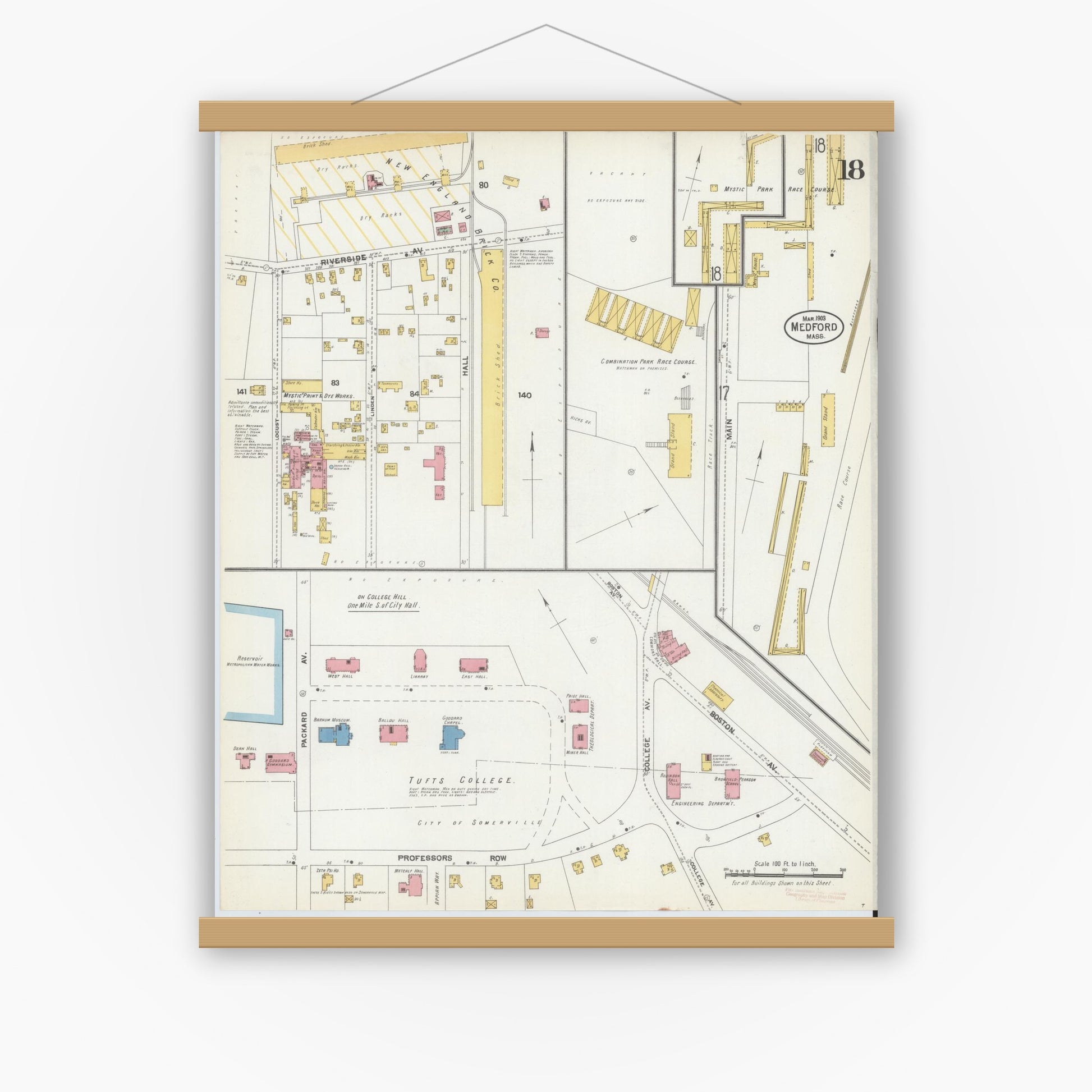 Old map wall art mockup — magnetic wood frame on white wall — Sanborn Fire Insurance Map from Medford, Middlesex County, Massachusetts (1903), Sheet #0018