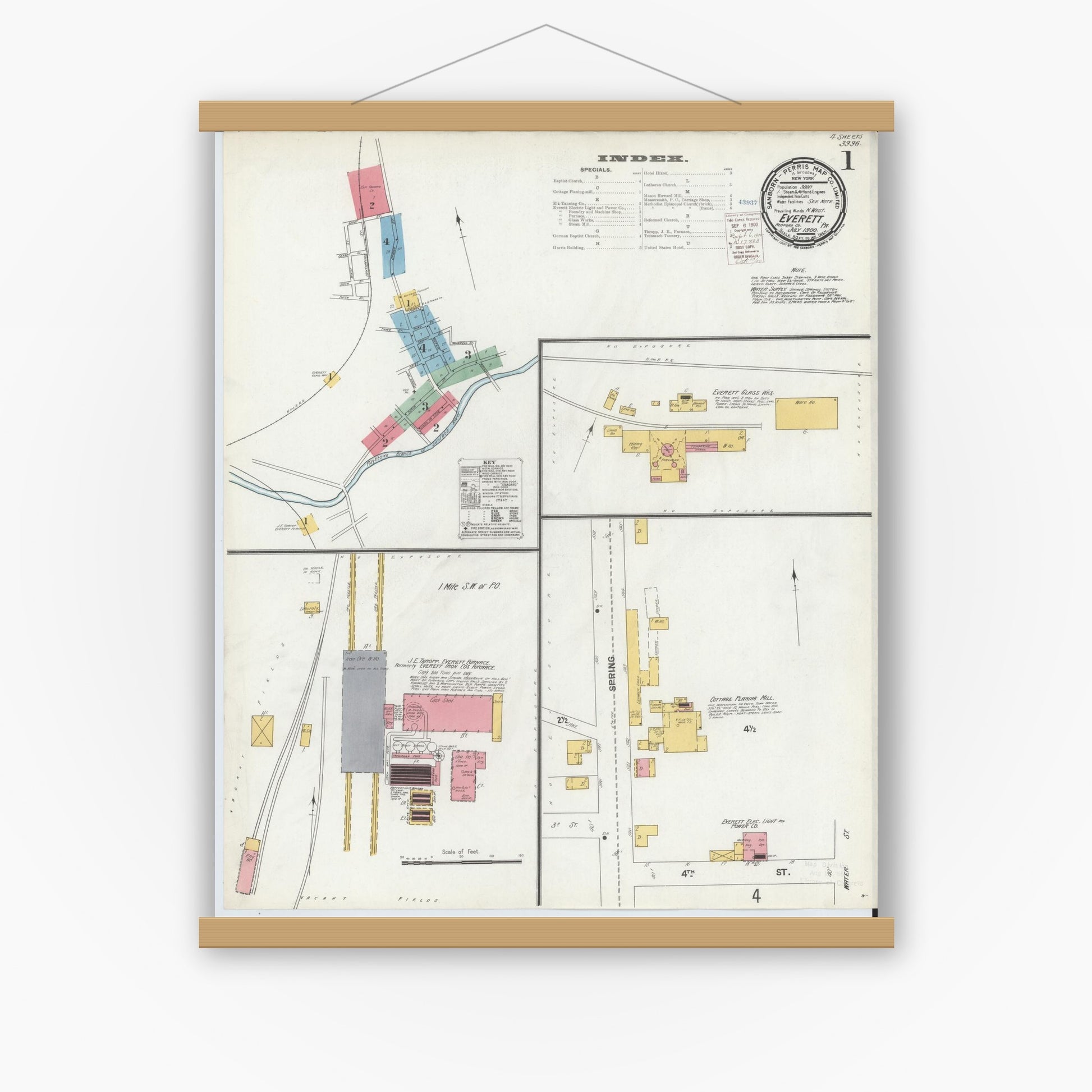 Old map wall art mockup — magnetic wood frame on white wall — Sanborn Fire Insurance Map from Everett, Bedford County, Pennsylvania (1900) - Complete Map Set