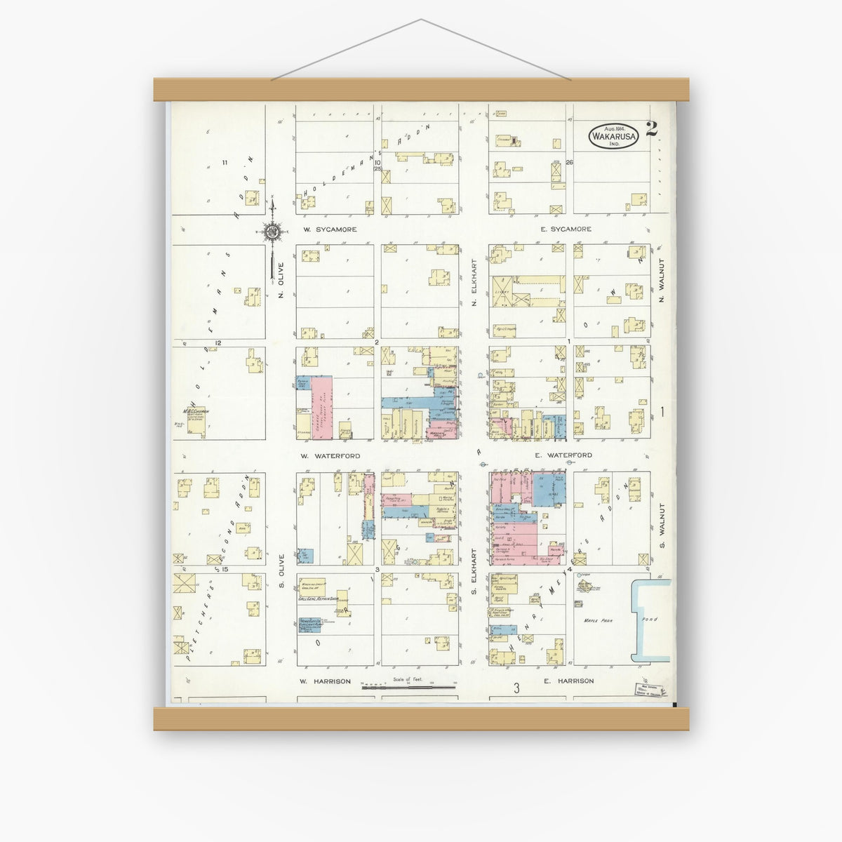 Old map wall art mockup — magnetic wood frame on white wall — Sanborn Fire Insurance Map from Wakarusa, Elkhart County, Indiana (1914), Sheet #0002