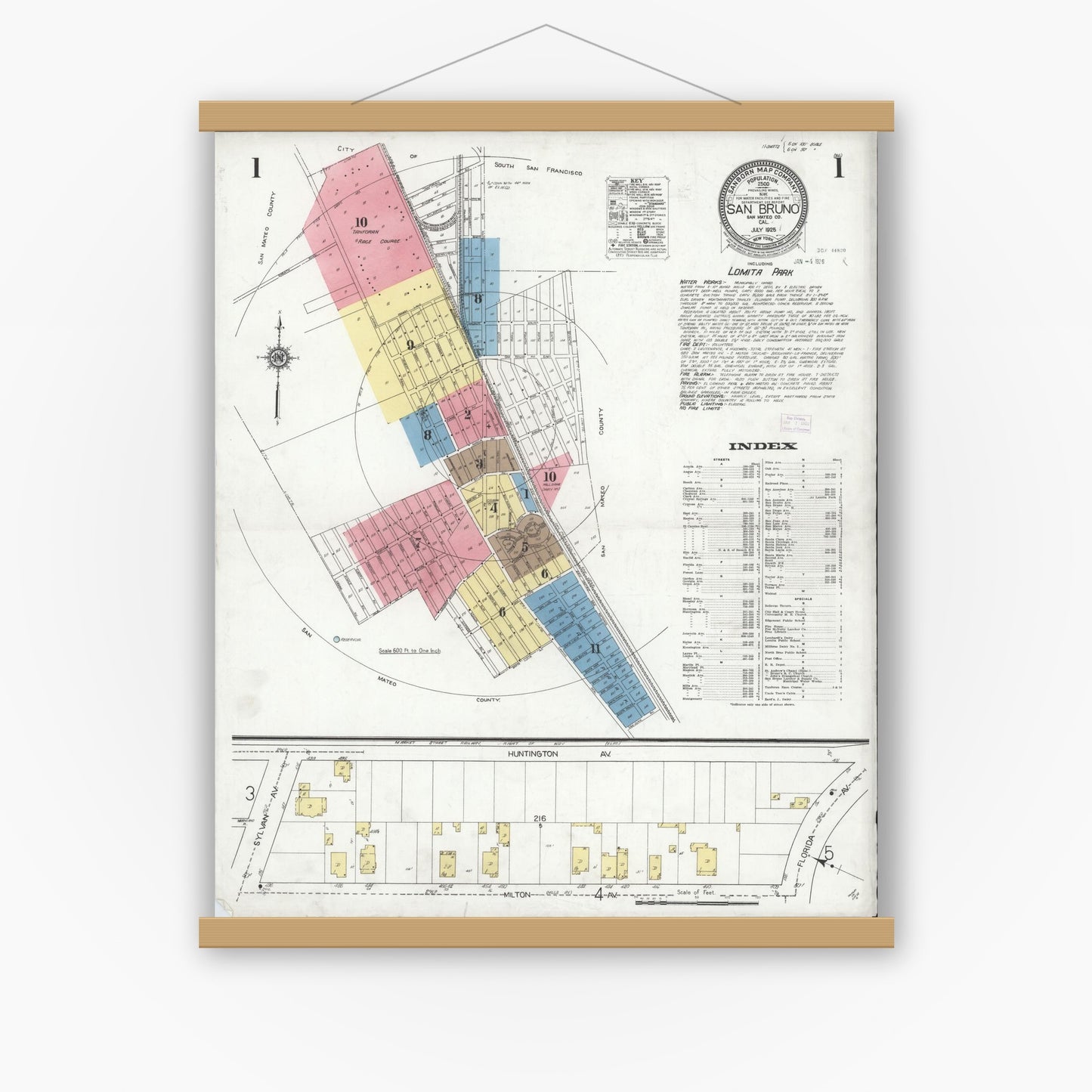 Old map wall art mockup — magnetic wood frame on white wall — Sanborn Fire Insurance Map from San Bruno, San Mateo County, California (1925) - Complete Map Set