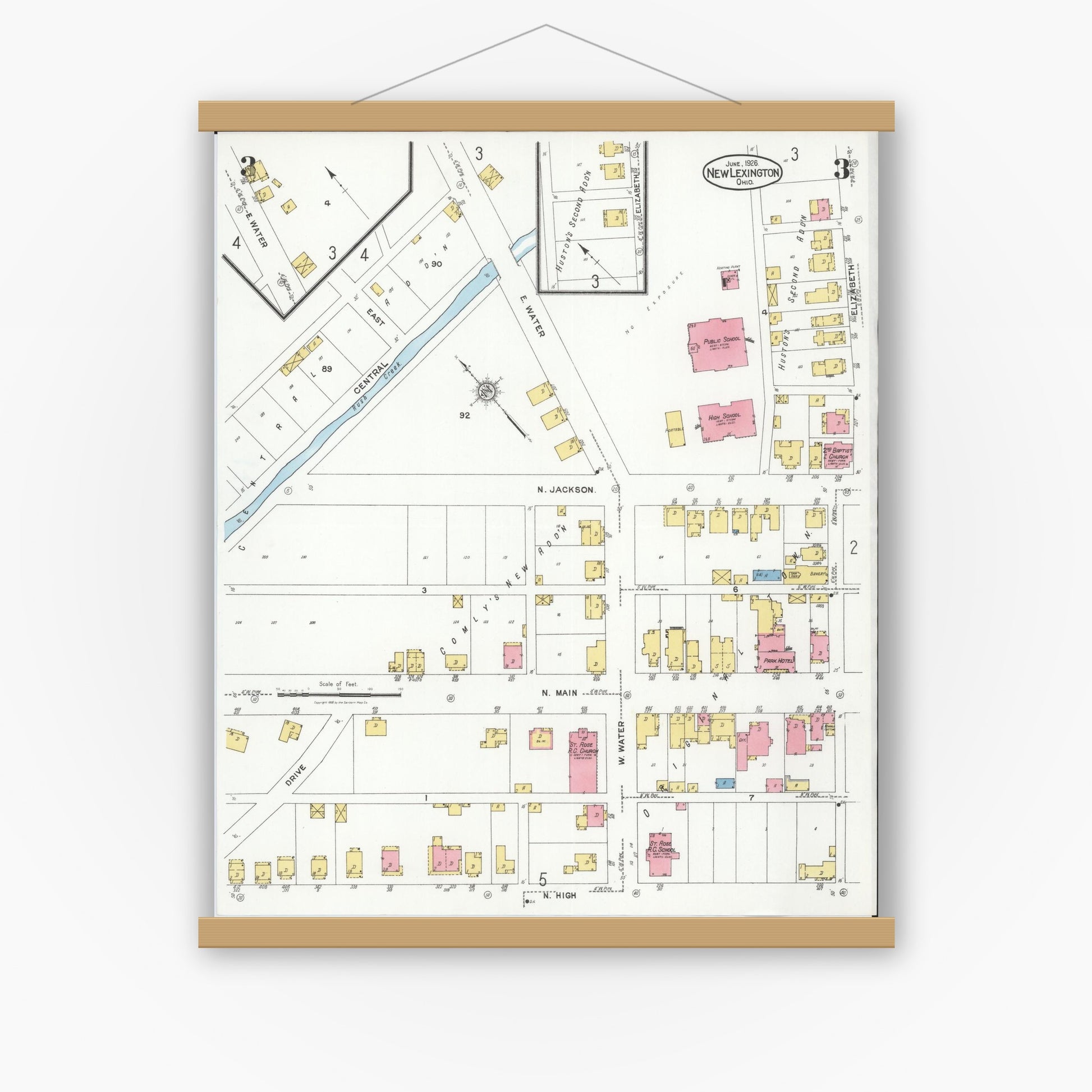 Old map wall art mockup — magnetic wood frame on white wall — Sanborn Fire Insurance Map from New Lexington, Perry County, Ohio (1926), Sheet #0003