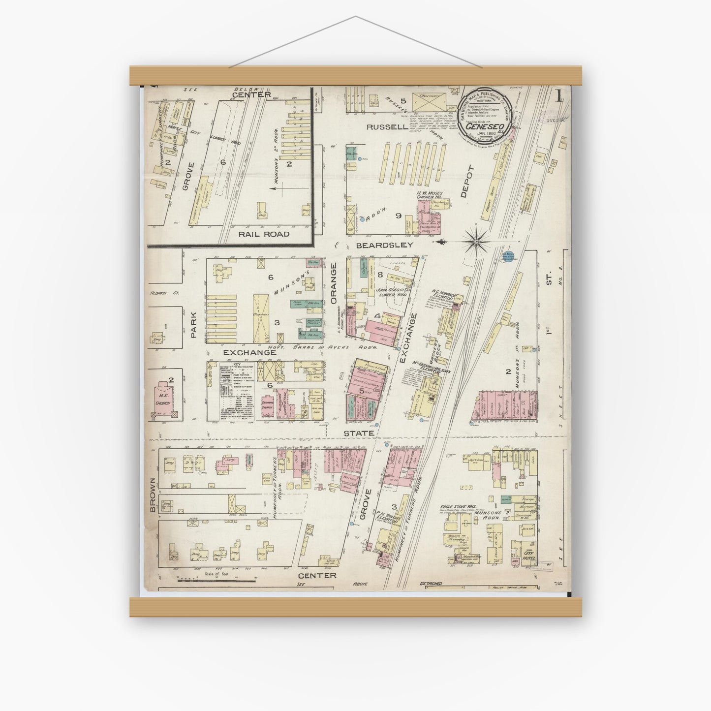 Old map wall art mockup — magnetic wood frame on white wall — Sanborn Fire Insurance Map from Geneseo, Henry County, Illinois (1886), Sheet #0001
