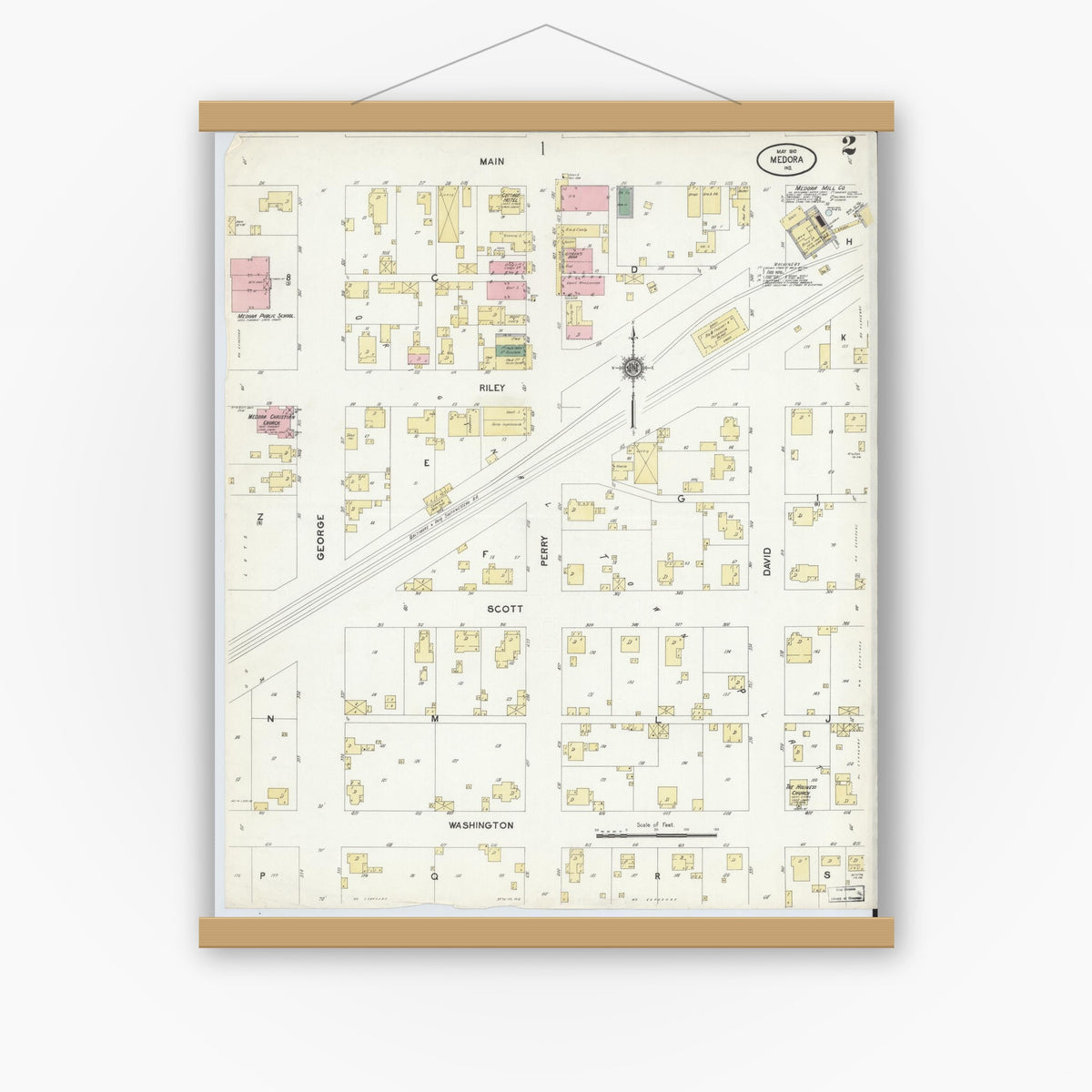 Old map wall art mockup — magnetic wood frame on white wall — Sanborn Fire Insurance Map from Medora, Jackson County, Indiana (1910), Sheet #0002