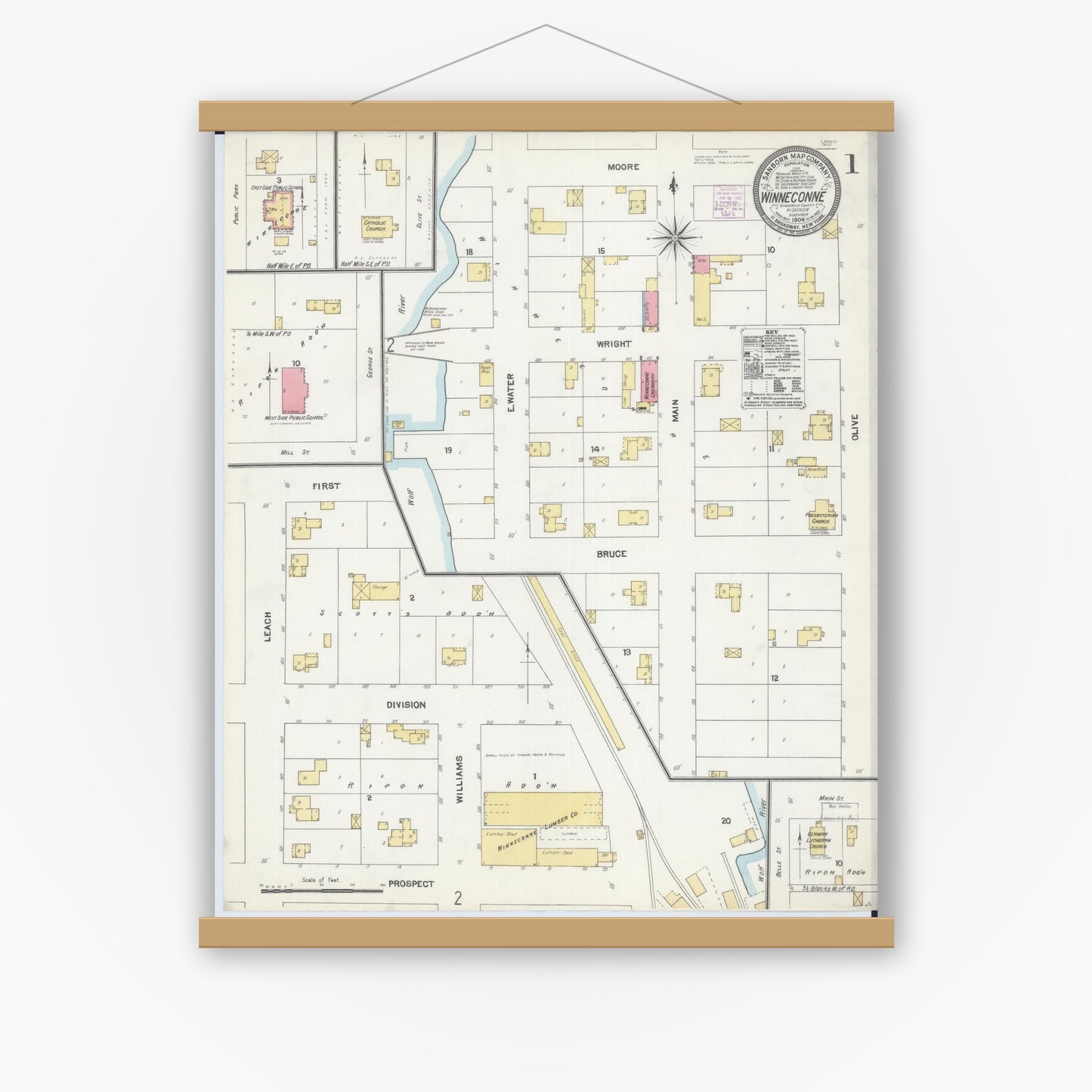 Old map wall art mockup — magnetic wood frame on white wall — Sanborn Fire Insurance Map from Winneconne, Winnebago County, Wisconsin (1904), Sheet #0001
