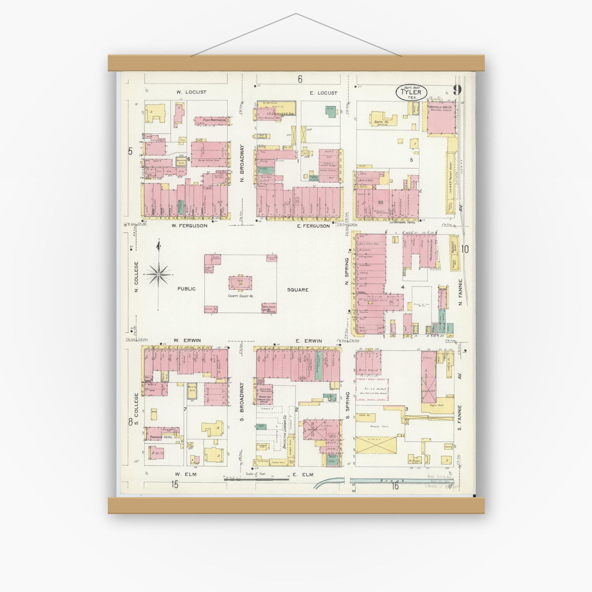 Old map wall art mockup — magnetic wood frame on white wall — Sanborn Fire Insurance Map from Tyler, Smith County, Texas (1907), Sheet #0009