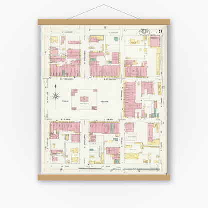 Old map wall art mockup — magnetic wood frame on white wall — Sanborn Fire Insurance Map from Tyler, Smith County, Texas (1907), Sheet #0009