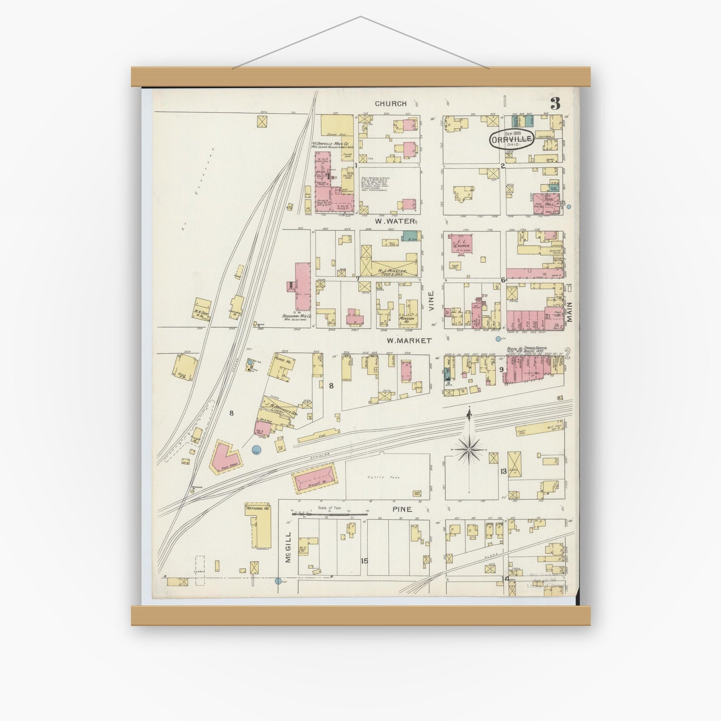 Old map wall art mockup — magnetic wood frame on white wall — Sanborn Fire Insurance Map from Orrville, Wayne County, Ohio (1893), Sheet #0003