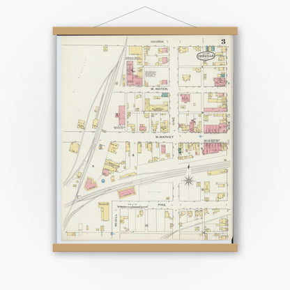 Old map wall art mockup — magnetic wood frame on white wall — Sanborn Fire Insurance Map from Orrville, Wayne County, Ohio (1893), Sheet #0003