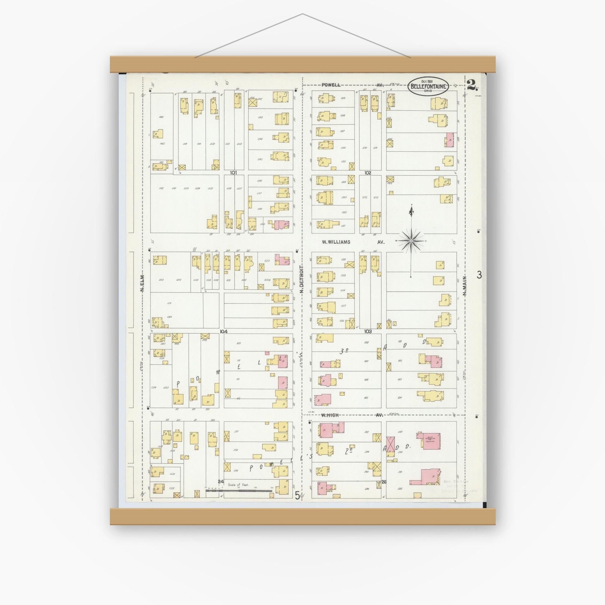 Old map wall art mockup — magnetic wood frame on white wall — Sanborn Fire Insurance Map from Bellefontaine, Logan County, Ohio (1901), Sheet #0002