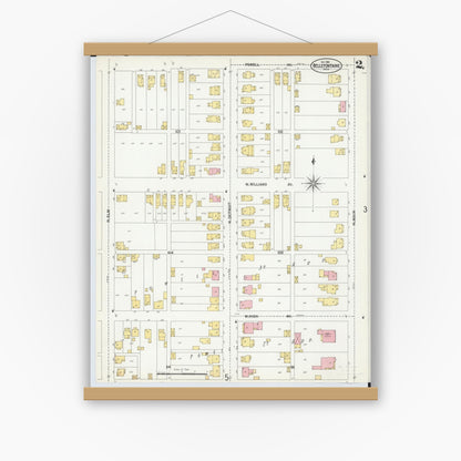 Old map wall art mockup — magnetic wood frame on white wall — Sanborn Fire Insurance Map from Bellefontaine, Logan County, Ohio (1901), Sheet #0002
