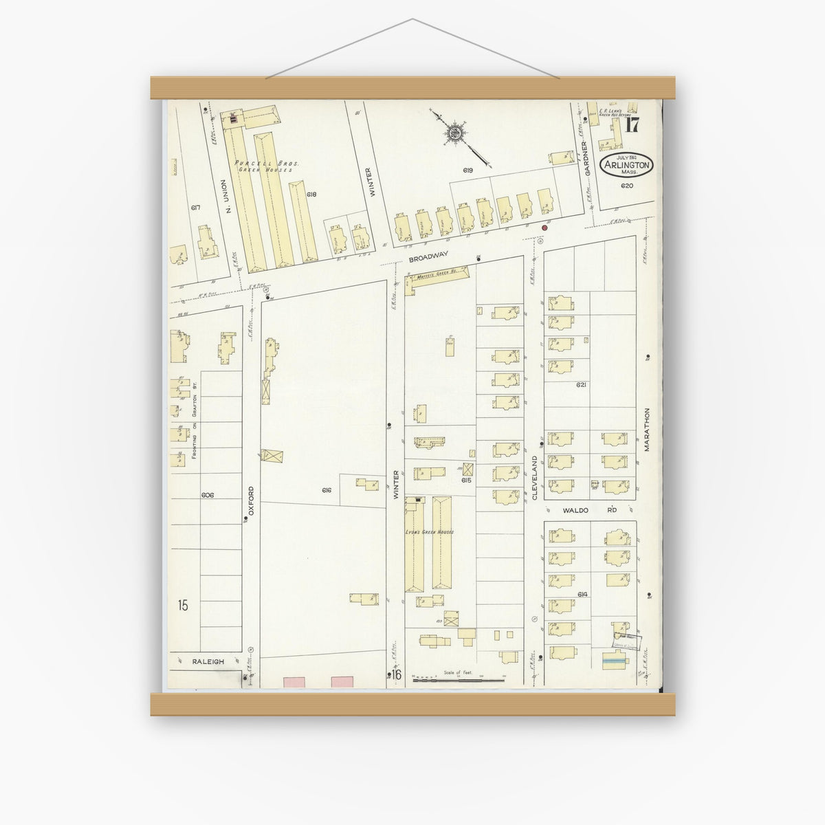 Old map wall art mockup — magnetic wood frame on white wall — Sanborn Fire Insurance Map from Arlington, Middlesex County, Massachusetts (1914), Sheet #0017