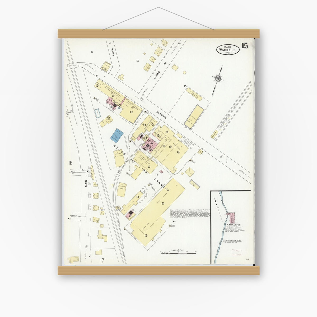 Old map wall art mockup — magnetic wood frame on white wall — Sanborn Fire Insurance Map from Winchester, Middlesex County, Massachusetts (1910), Sheet #0015