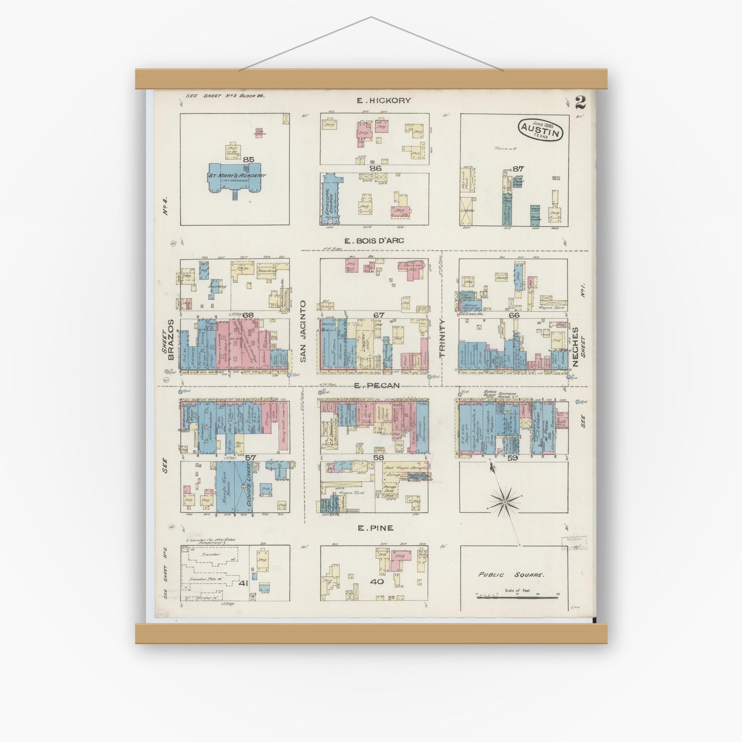 Old map wall art mockup — magnetic wood frame on white wall — Sanborn Fire Insurance Map from Austin, Travis County, Texas (1885), Sheet #0002