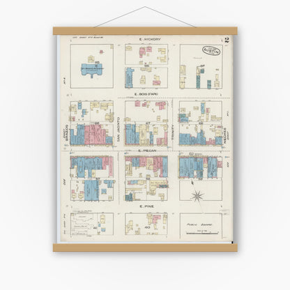 Old map wall art mockup — magnetic wood frame on white wall — Sanborn Fire Insurance Map from Austin, Travis County, Texas (1885), Sheet #0002