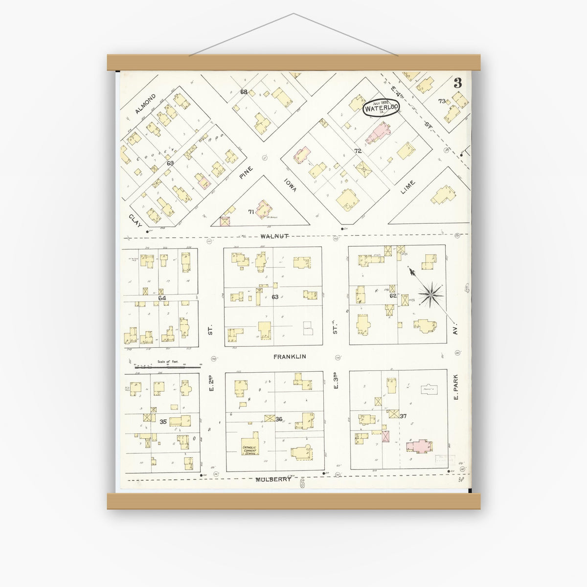 Old map wall art mockup — magnetic wood frame on white wall — Sanborn Fire Insurance Map from Waterloo, Black Hawk County, Iowa (1892), Sheet #0003