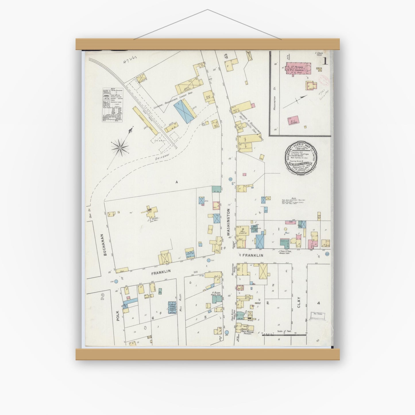 Old map wall art mockup — magnetic wood frame on white wall — Sanborn Fire Insurance Map from Schleisingerville, Washington County, Wisconsin (1894) - Complete Map Set