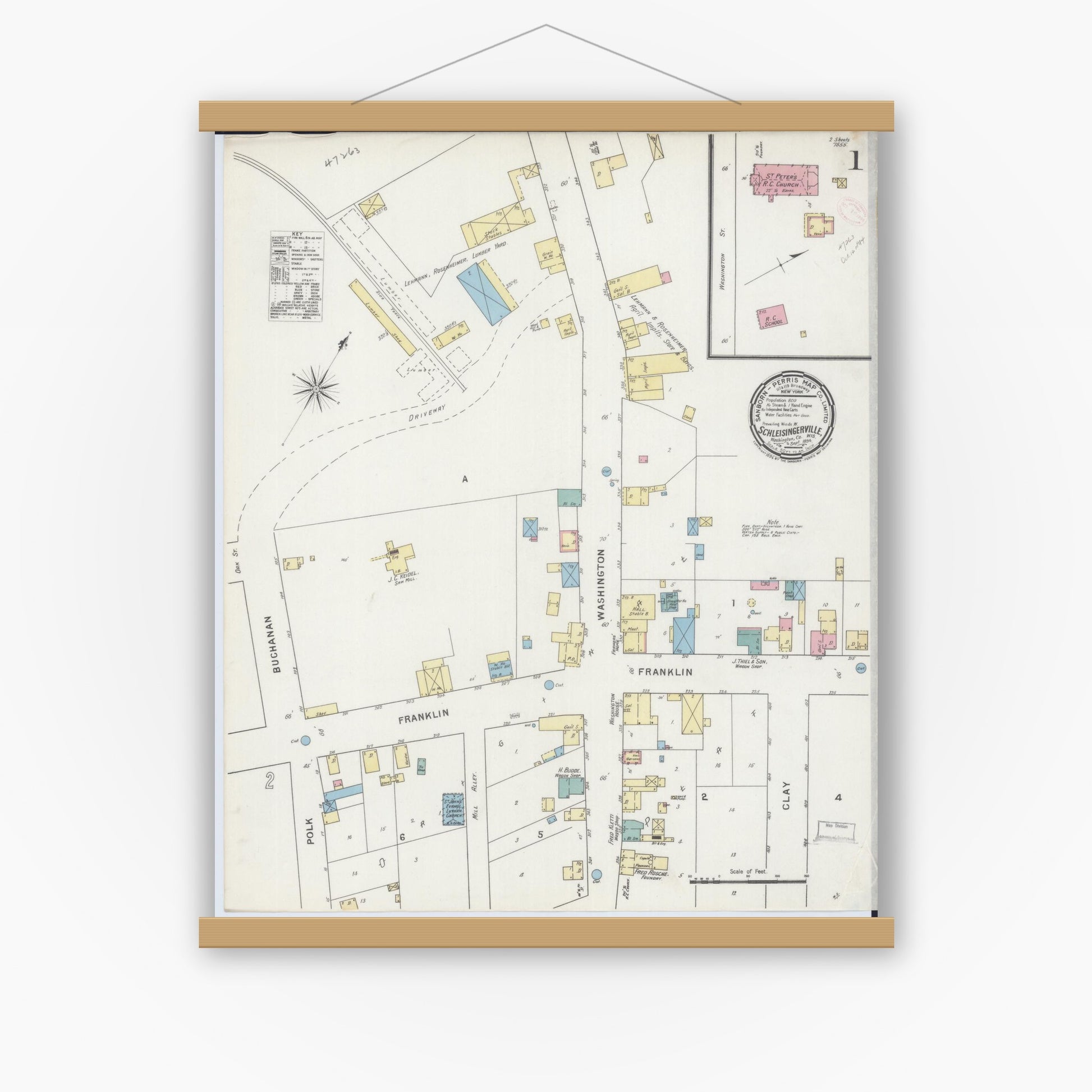 Old map wall art mockup — magnetic wood frame on white wall — Sanborn Fire Insurance Map from Schleisingerville, Washington County, Wisconsin (1894) - Complete Map Set