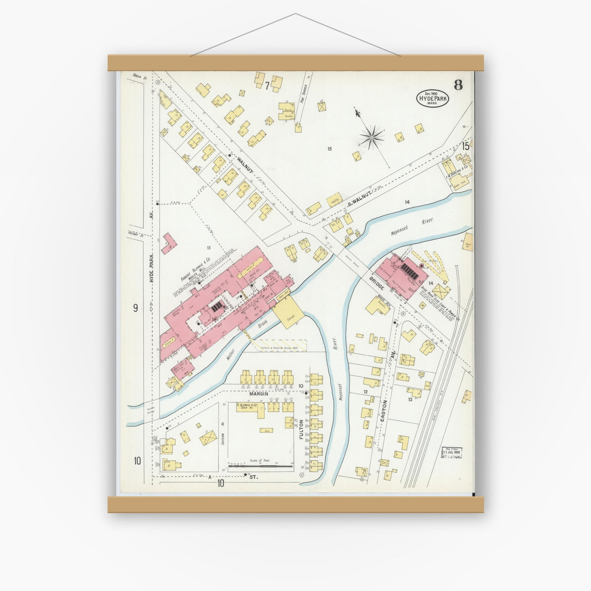 Old map wall art mockup — magnetic wood frame on white wall — Sanborn Fire Insurance Map from Hyde Park, Norfolk County, Massachusetts (1900), Sheet #0008