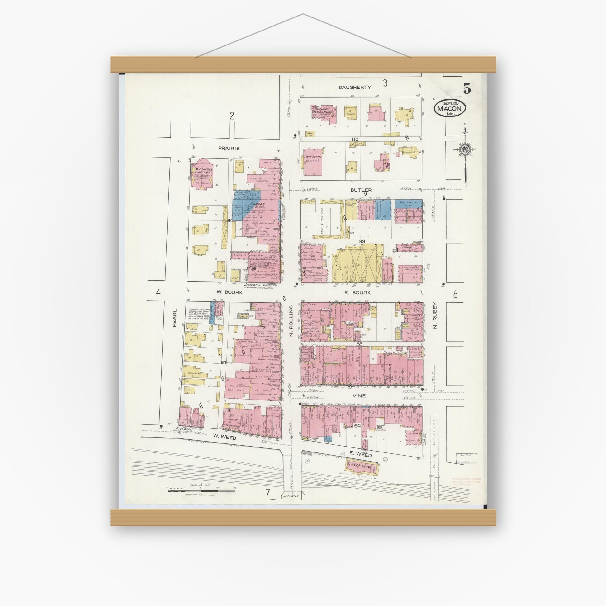 Old map wall art mockup — magnetic wood frame on white wall — Sanborn Fire Insurance Map from Macon, Macon County, Missouri (1916), Sheet #0005