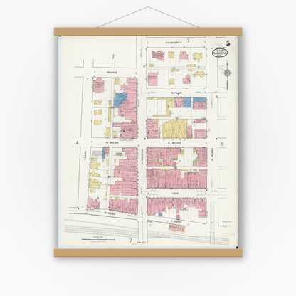 Old map wall art mockup — magnetic wood frame on white wall — Sanborn Fire Insurance Map from Macon, Macon County, Missouri (1916), Sheet #0005