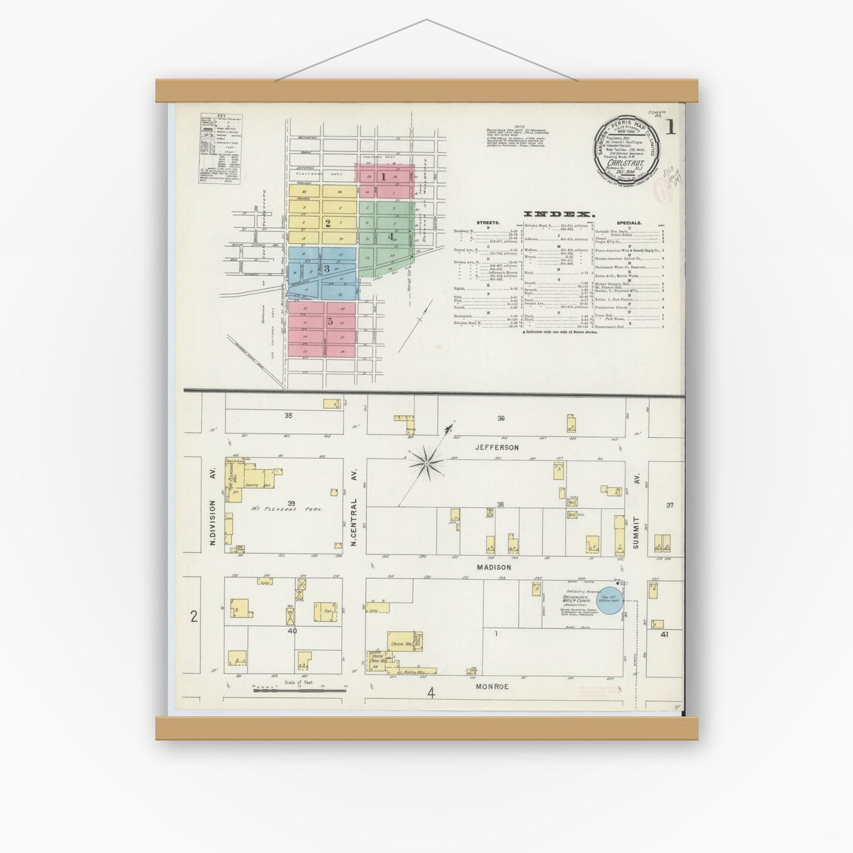 Old map wall art mockup — magnetic wood frame on white wall — Sanborn Fire Insurance Map from Carlstadt, Bergen County, New Jersey (1896) - Complete Map Set