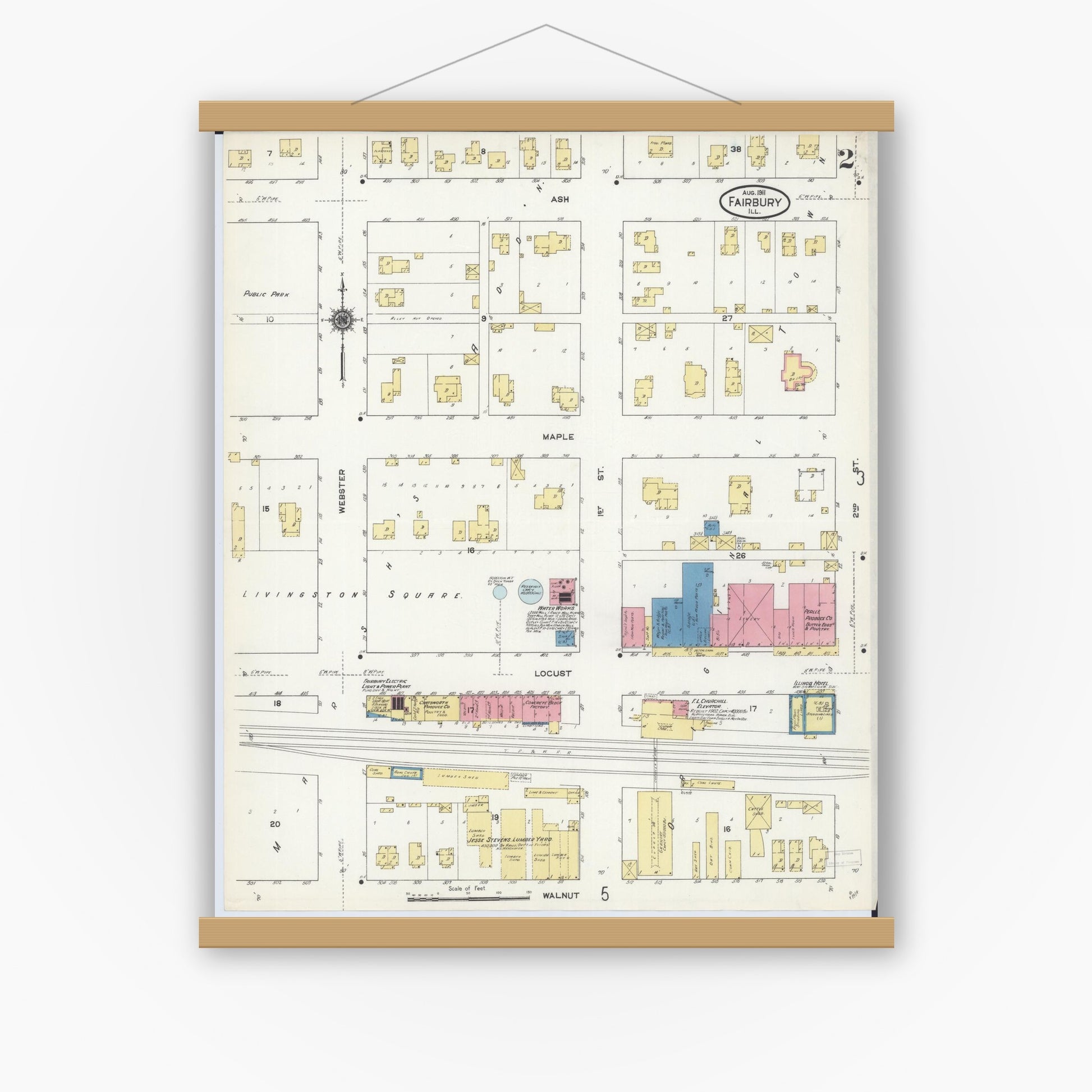 Old map wall art mockup — magnetic wood frame on white wall — Sanborn Fire Insurance Map from Fairbury, Livingston County, Illinois (1911), Sheet #0002