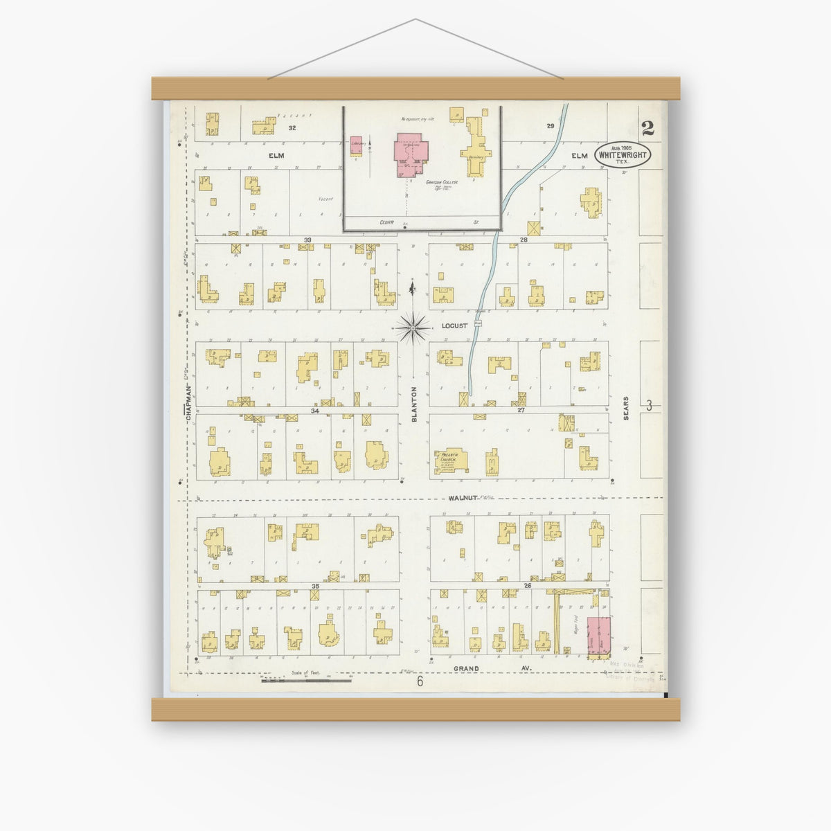 Old map wall art mockup — magnetic wood frame on white wall — Sanborn Fire Insurance Map from Whitewright, Grayson County, Texas (1905), Sheet #0002