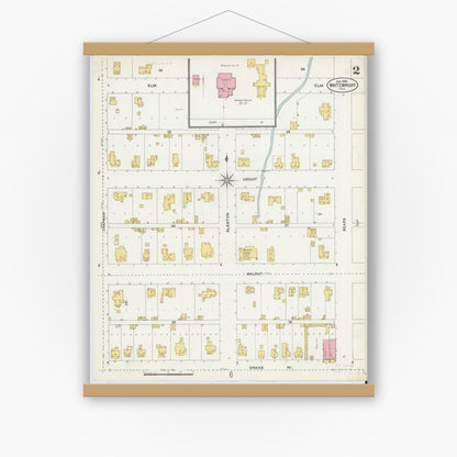 Old map wall art mockup — magnetic wood frame on white wall — Sanborn Fire Insurance Map from Whitewright, Grayson County, Texas (1905), Sheet #0002