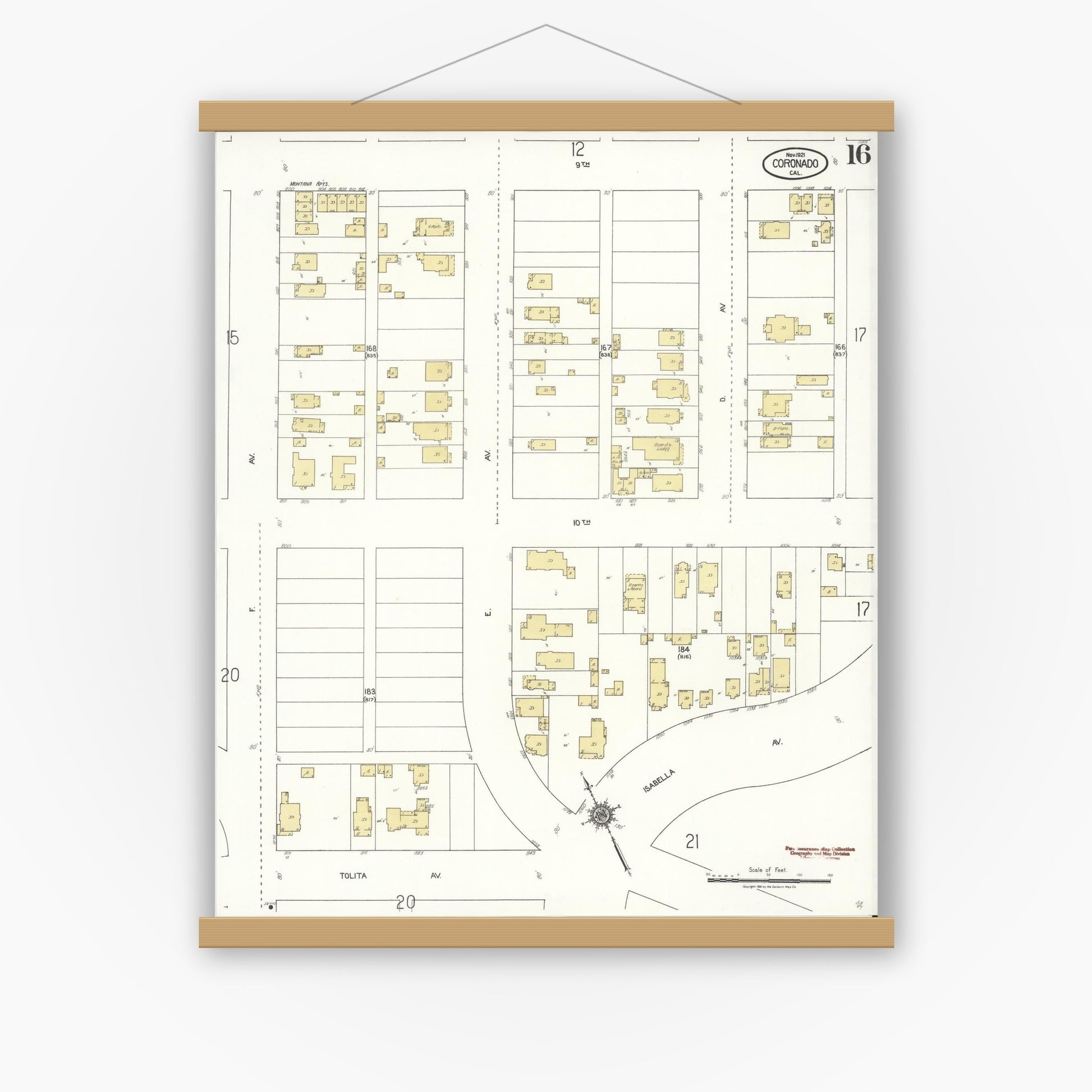 Old map wall art mockup — magnetic wood frame on white wall — Sanborn Fire Insurance Map from Coronado, San Diego County, California (1921), Sheet #0016