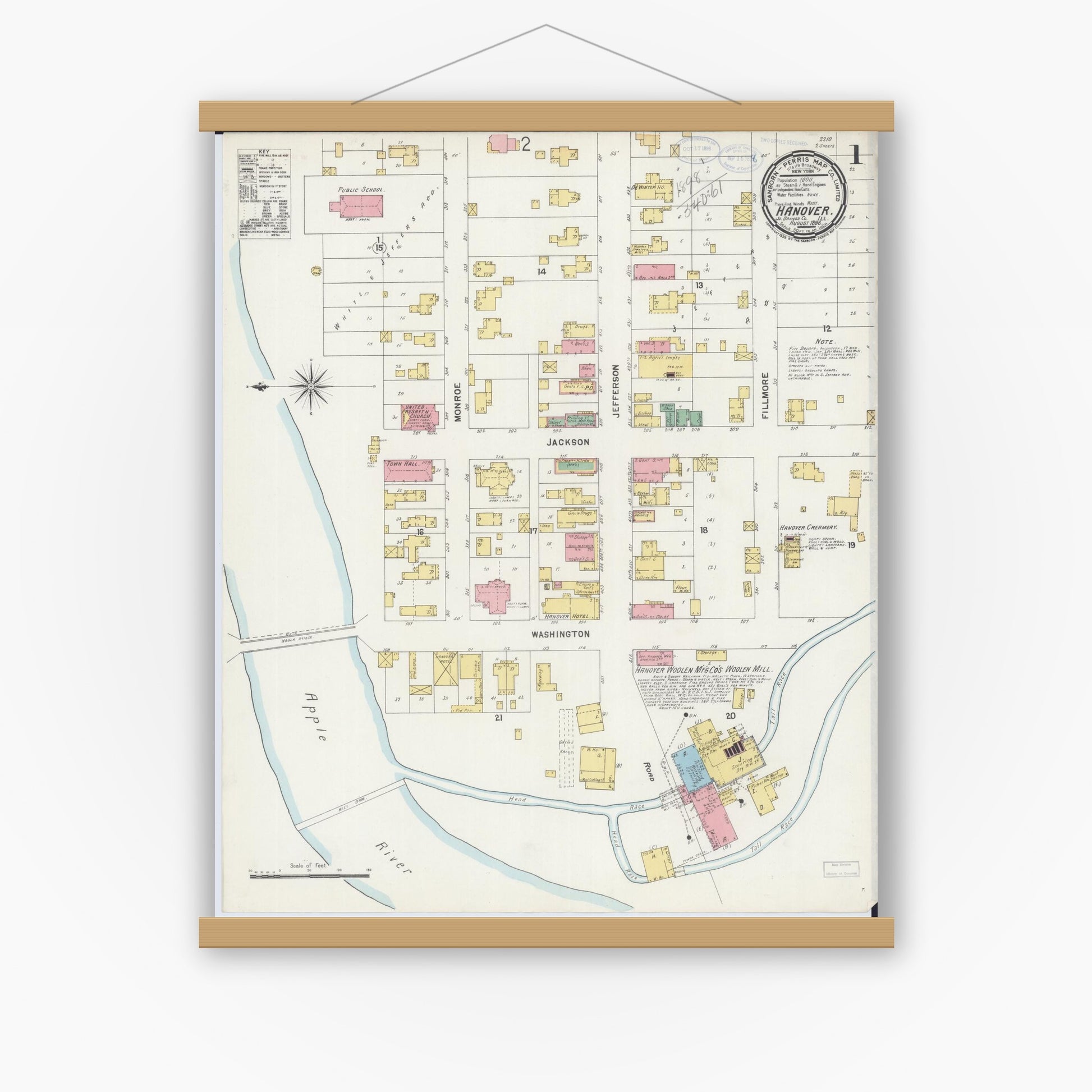 Old map wall art mockup — magnetic wood frame on white wall — Sanborn Fire Insurance Map from Hanover, Jo Daviess County, Illinois (1898), Sheet #0001