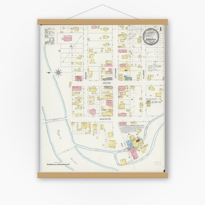 Old map wall art mockup — magnetic wood frame on white wall — Sanborn Fire Insurance Map from Hanover, Jo Daviess County, Illinois (1898), Sheet #0001
