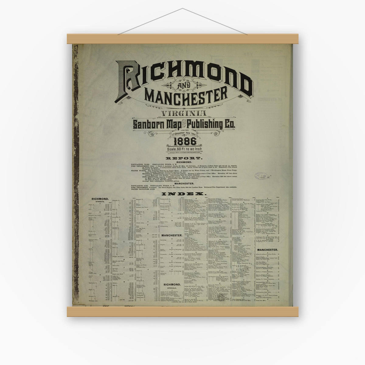 Old map wall art mockup — magnetic wood frame on white wall — Sanborn Fire Insurance Map from Richmond, Independent Cities, Virginia (1886), Sheet #0001