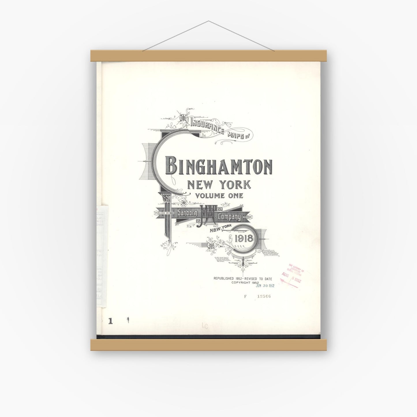 Old map wall art mockup — magnetic wood frame on white wall — Sanborn Fire Insurance Map from Binghamton, Broome County, New York (1952), Sheet #0001