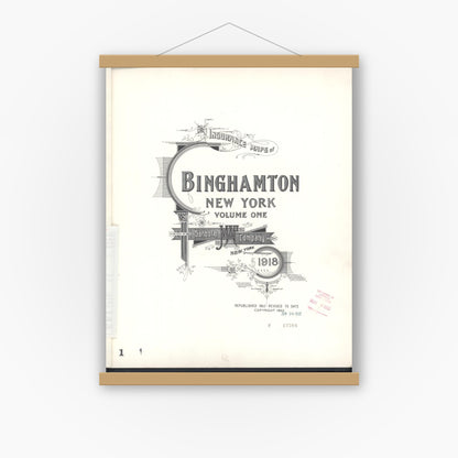 Old map wall art mockup — magnetic wood frame on white wall — Sanborn Fire Insurance Map from Binghamton, Broome County, New York (1952), Sheet #0001