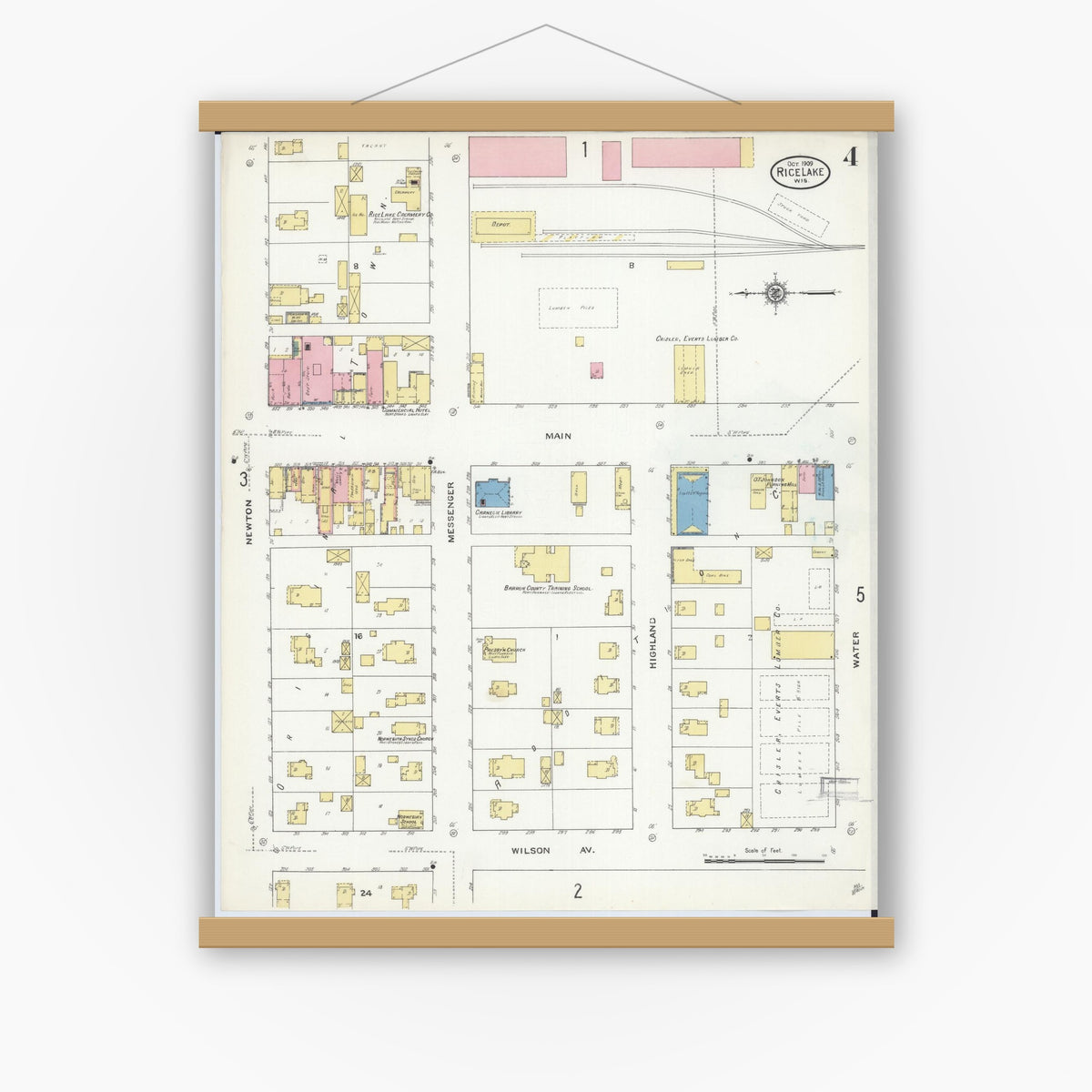 Old map wall art mockup — magnetic wood frame on white wall — Sanborn Fire Insurance Map from Rice Lake, Barron County, Wisconsin (1909), Sheet #0004