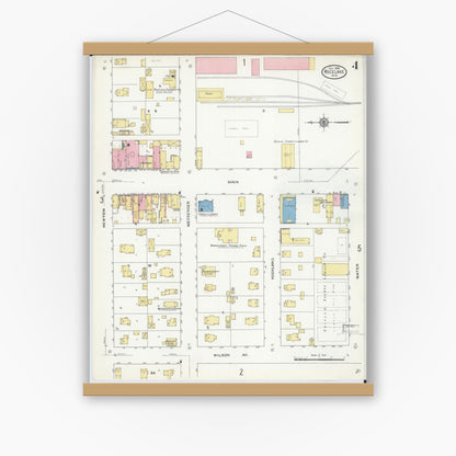 Old map wall art mockup — magnetic wood frame on white wall — Sanborn Fire Insurance Map from Rice Lake, Barron County, Wisconsin (1909), Sheet #0004