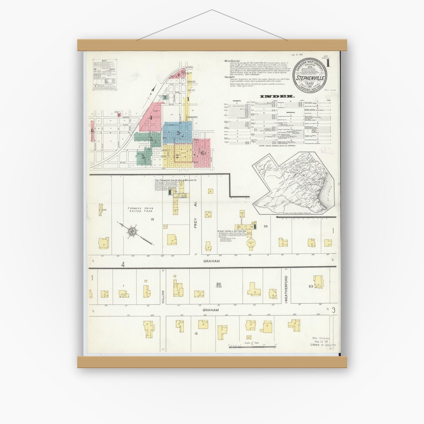 Old map wall art mockup — magnetic wood frame on white wall — Sanborn Fire Insurance Map from Stephenville, Erath County, Texas (1912) - Complete Map Set