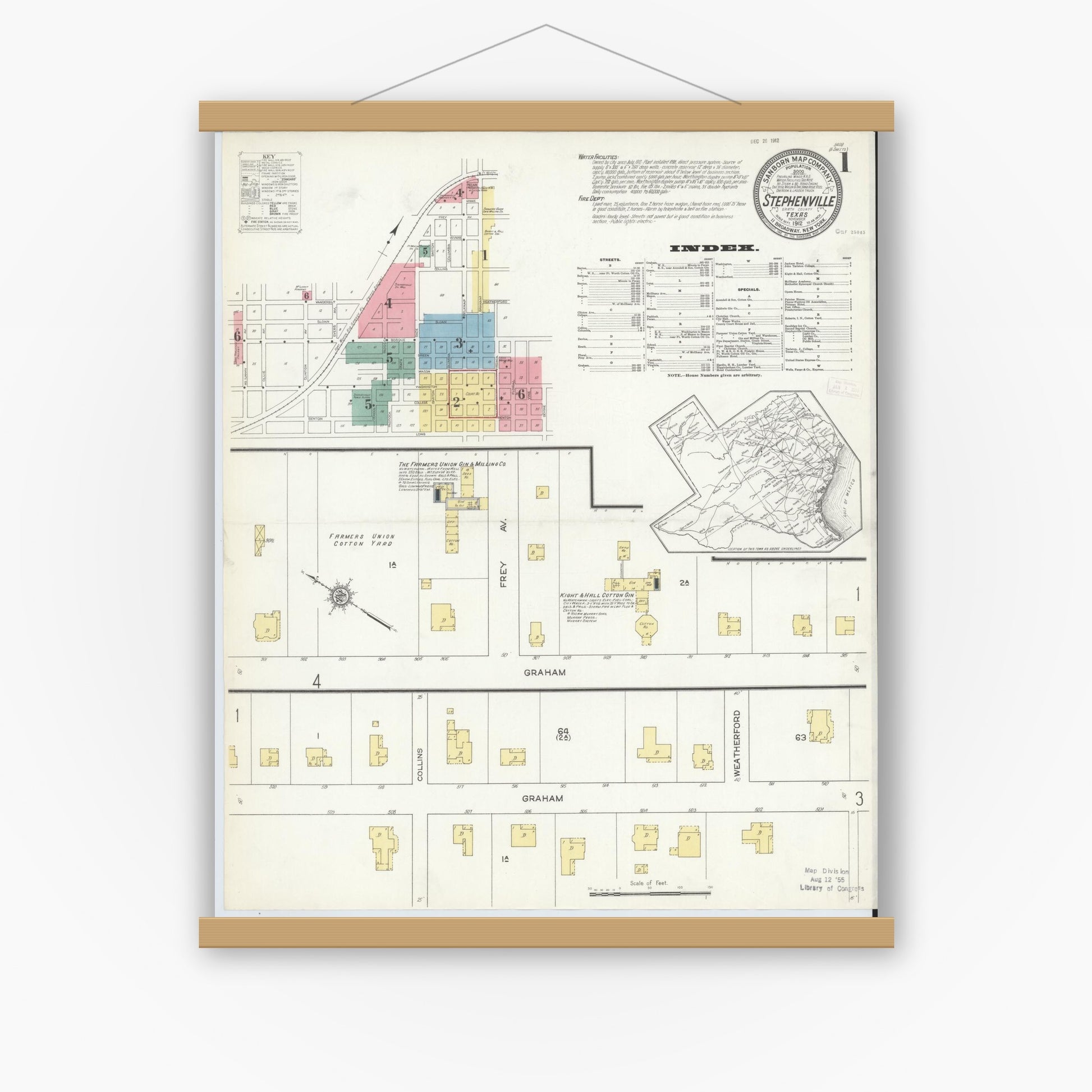 Old map wall art mockup — magnetic wood frame on white wall — Sanborn Fire Insurance Map from Stephenville, Erath County, Texas (1912) - Complete Map Set