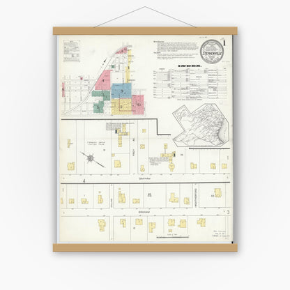 Old map wall art mockup — magnetic wood frame on white wall — Sanborn Fire Insurance Map from Stephenville, Erath County, Texas (1912) - Complete Map Set