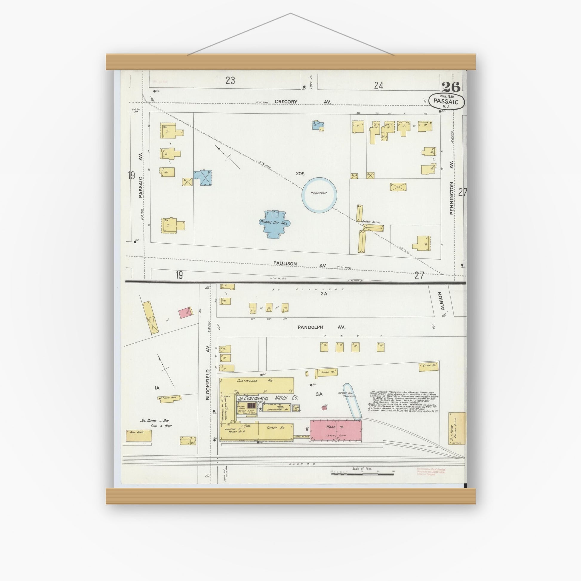 Old map wall art mockup — magnetic wood frame on white wall — Sanborn Fire Insurance Map from Passaic, Passaic County, New Jersey (1899), Sheet #0026