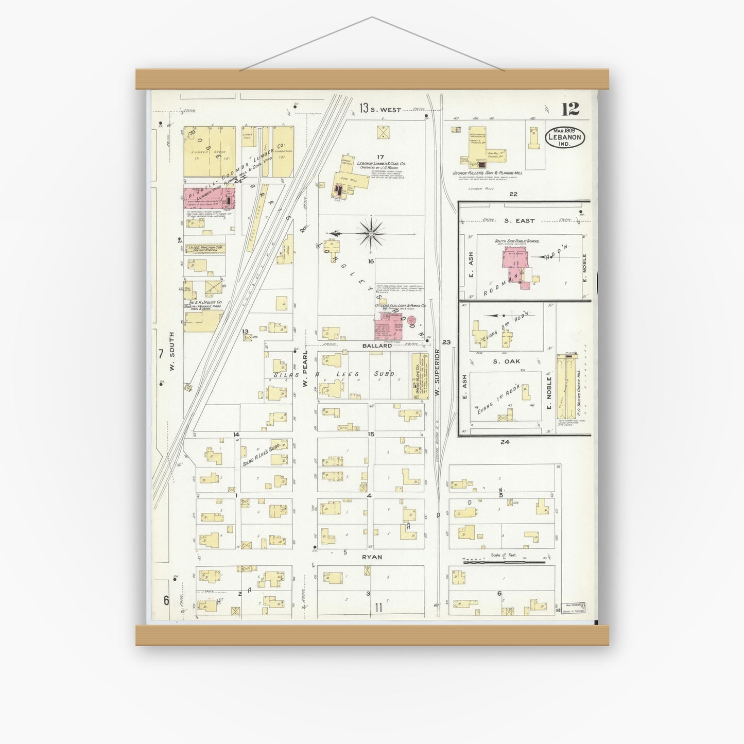 Old map wall art mockup — magnetic wood frame on white wall — Sanborn Fire Insurance Map from Lebanon, Boone County, Indiana (1909), Sheet #0012