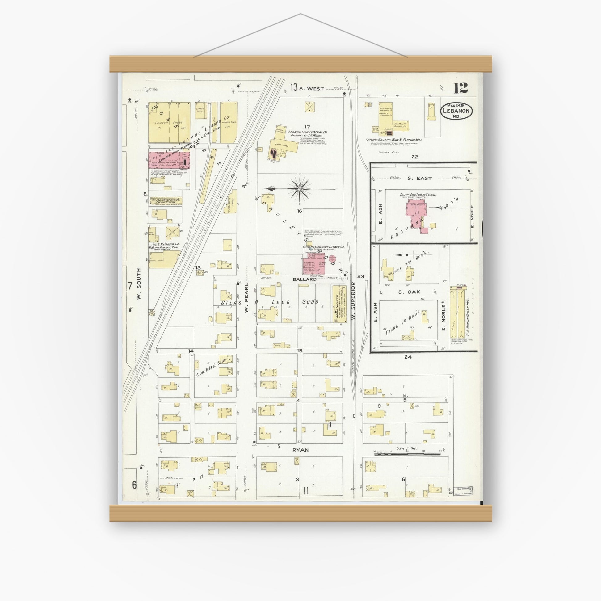 Old map wall art mockup — magnetic wood frame on white wall — Sanborn Fire Insurance Map from Lebanon, Boone County, Indiana (1909), Sheet #0012